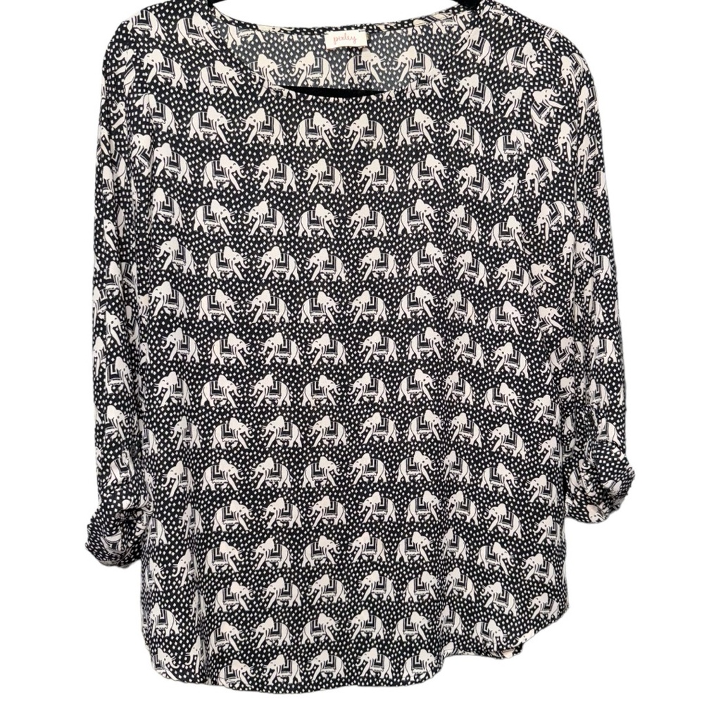 PIXLEY Blouse Women's Animal Elephant Print Rolled Sleeve